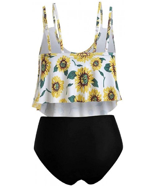 Sets Women's Plus Size Two Pieces Asymmetric Hem Bathing Suit Sunflower Print Ruffled High Waisted Bottom Bikini Black - C319...