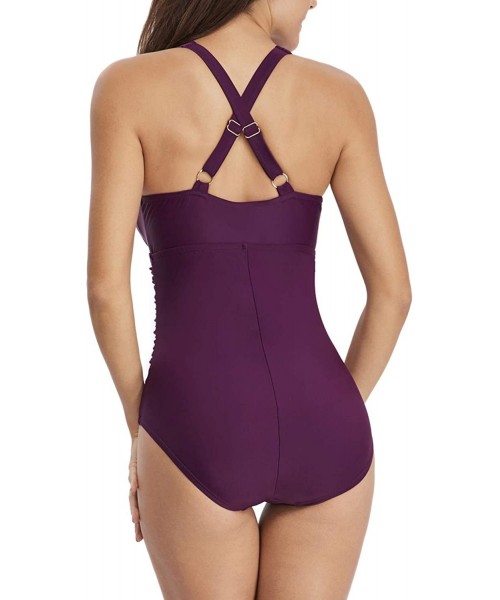 One-Pieces Enmolove Women V Neck One Piece Swimsuit Criss Cross Tummy Control Bathing Suit - Purple - C6194OA2ZZ9