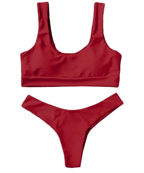 Sets New Swimsuit!! Fashion Women Sexy Pure Color Push-Up Padded Swimsuit Beachwear Two Piece Bikini - Red - CQ1906TQ3GY