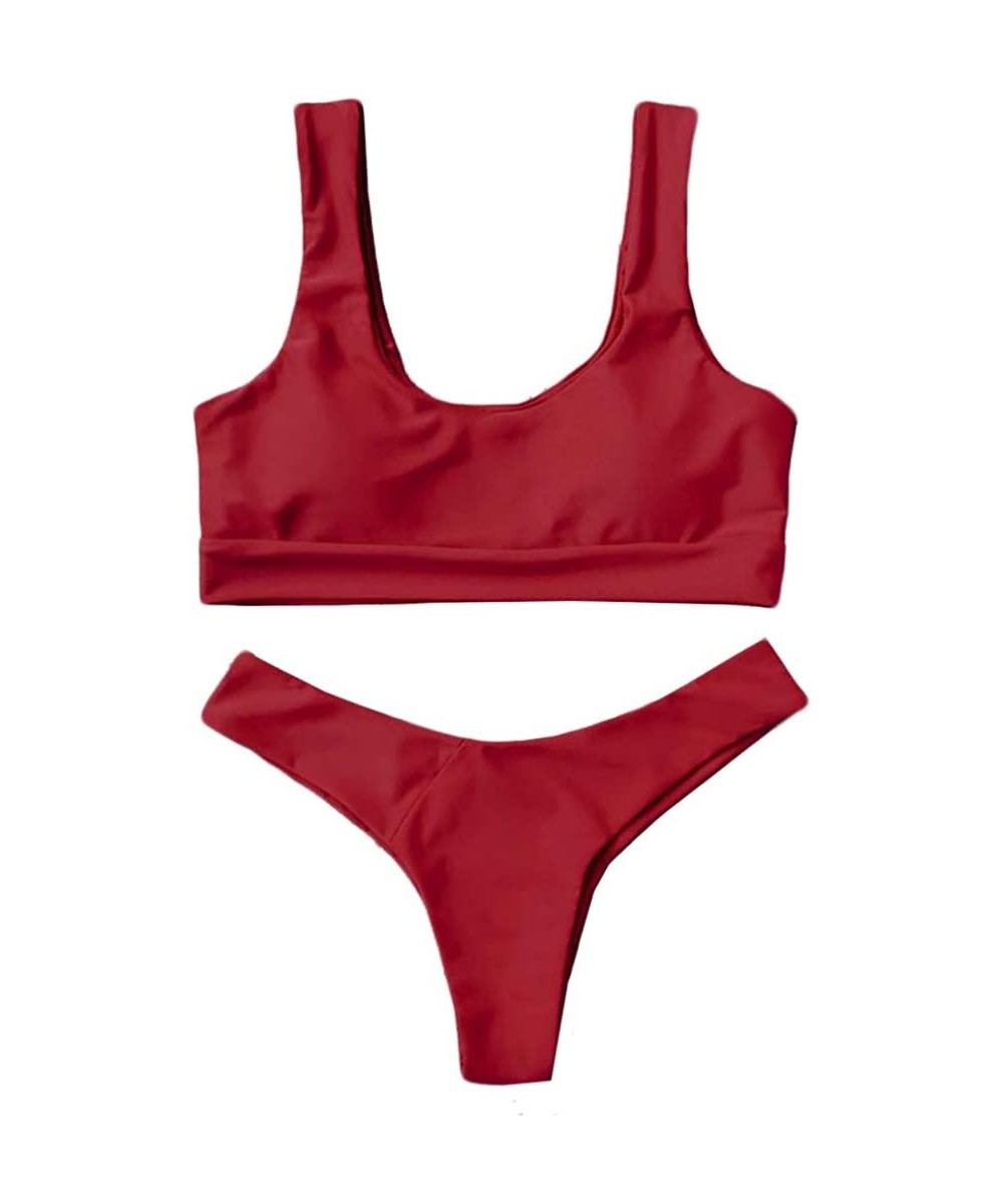 Sets New Swimsuit!! Fashion Women Sexy Pure Color Push-Up Padded Swimsuit Beachwear Two Piece Bikini - Red - CQ1906TQ3GY