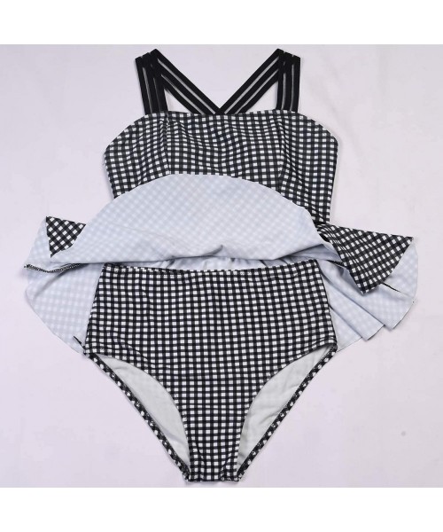 Sets Women's 2 Pieces Swimsuits Ruffled Flounce Top Sexy Hollow Swimwear with Bottom Bathing Suits Bikini Set Black Plaid - C...