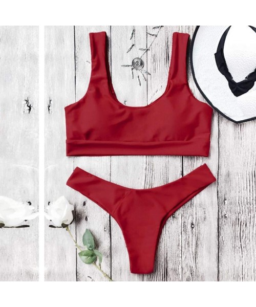 Sets New Swimsuit!! Fashion Women Sexy Pure Color Push-Up Padded Swimsuit Beachwear Two Piece Bikini - Red - CQ1906TQ3GY