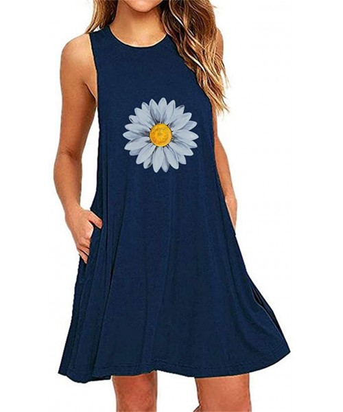 Cover-Ups Womens Casual Daisy Print Sleeveless Tank Dress Beach Sundress Mini A-Line Short Dress with Pocket - Navy - C119CS6...