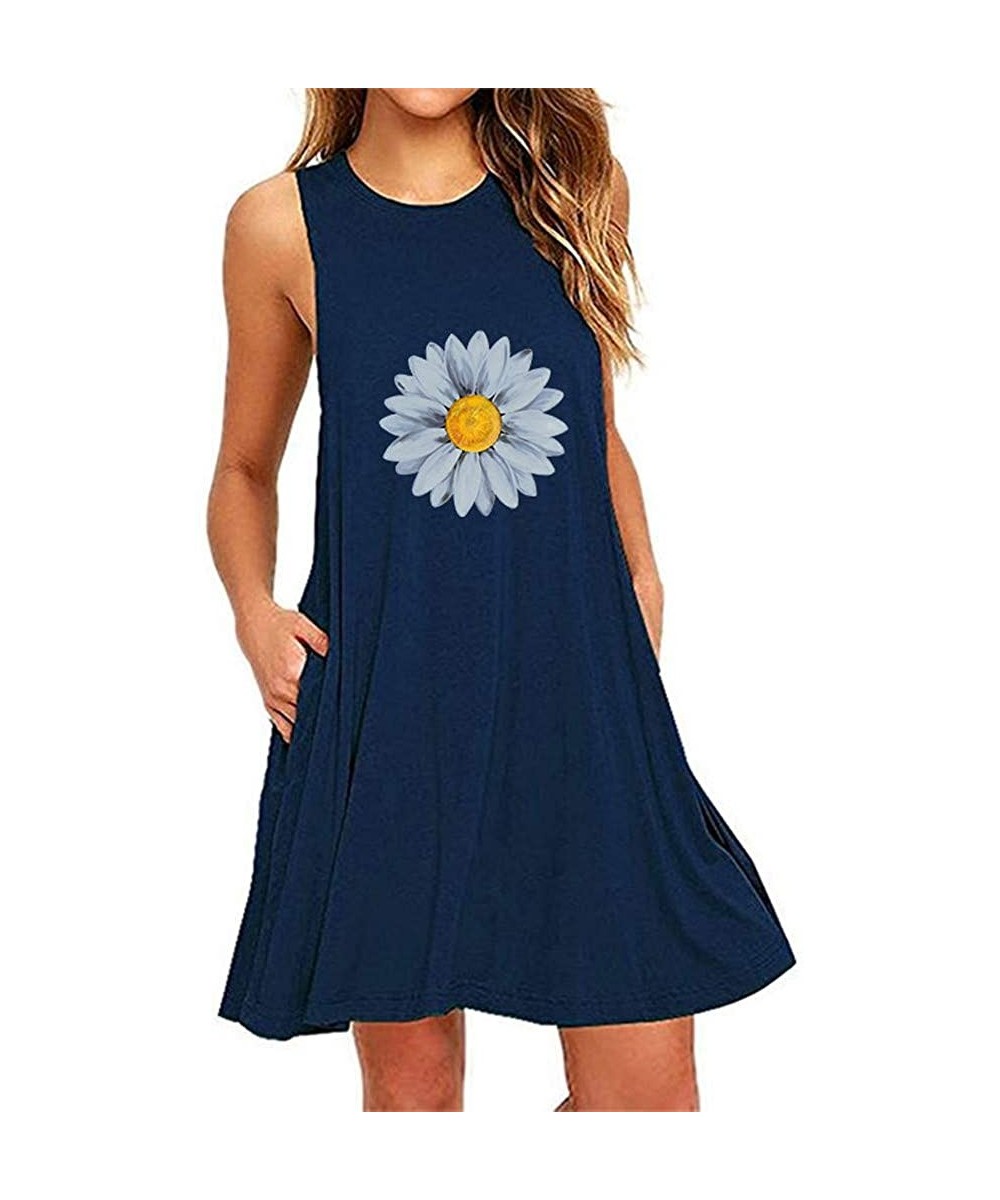 Cover-Ups Womens Casual Daisy Print Sleeveless Tank Dress Beach Sundress Mini A-Line Short Dress with Pocket - Navy - C119CS6...