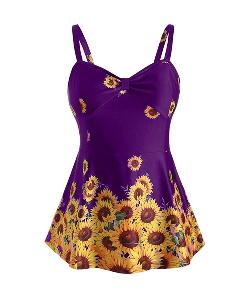 Sets Women Plus Size Ladies Sunflower Printed Slimming Wave-Edged Split Swimming Top - A Purple - C218SX6RMRC