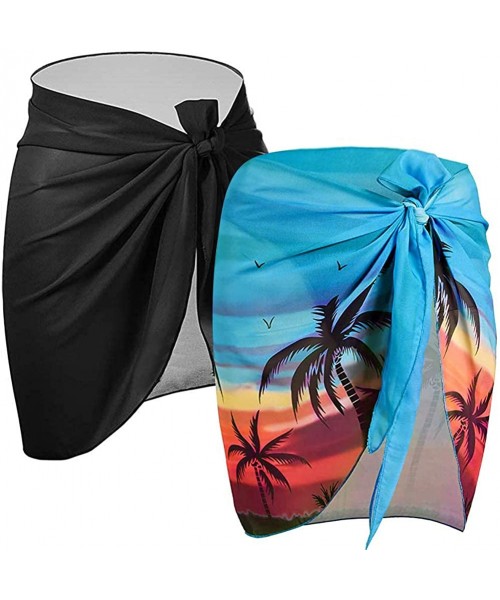 Cover-Ups 2Pcs Beach Sarong Pareo Wraps Cover Up Chiffon Swimsuit Skirt for Women - Black and Blue Coconut Palm - C21989TKU87