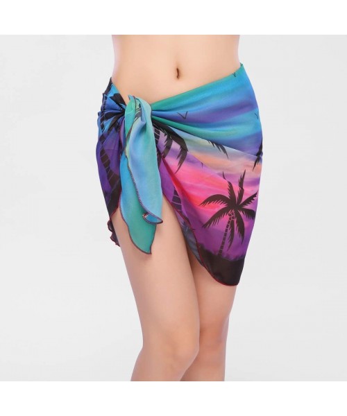 Cover-Ups 2Pcs Beach Sarong Pareo Wraps Cover Up Chiffon Swimsuit Skirt for Women - Black and Blue Coconut Palm - C21989TKU87