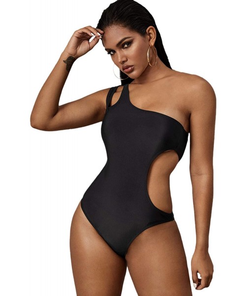 One-Pieces Women's One Piece Swimsuit One Shoulder Cut Out Leopard Tie Waist Bathing Suits Monokini - Black-2 - CQ194Z23869