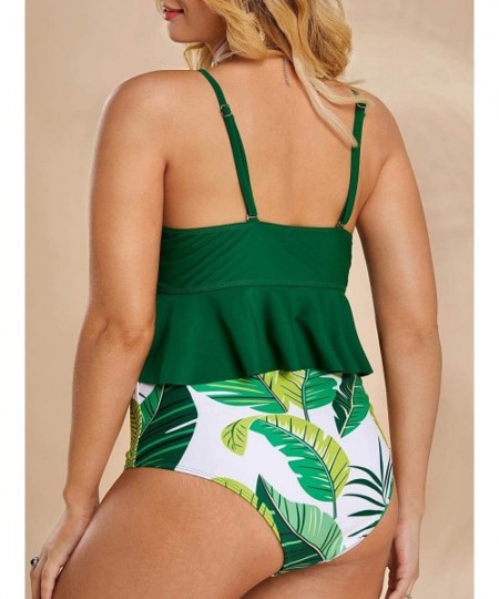 Sets Women Plus Size Ruffle Bikini Strappy Printed Swimsuits Tie Knot Spaghetti Strap 2 Piece Swimwear - Green - C5192SICT7O