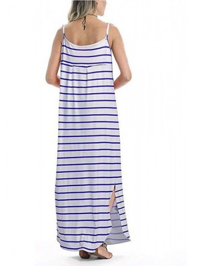 Cover-Ups Women's Summer Casual Loose Pocket Long Beach Cover Up Dress Sleeveless Strappy Split Maxi Dresses - Blue Stripe - ...