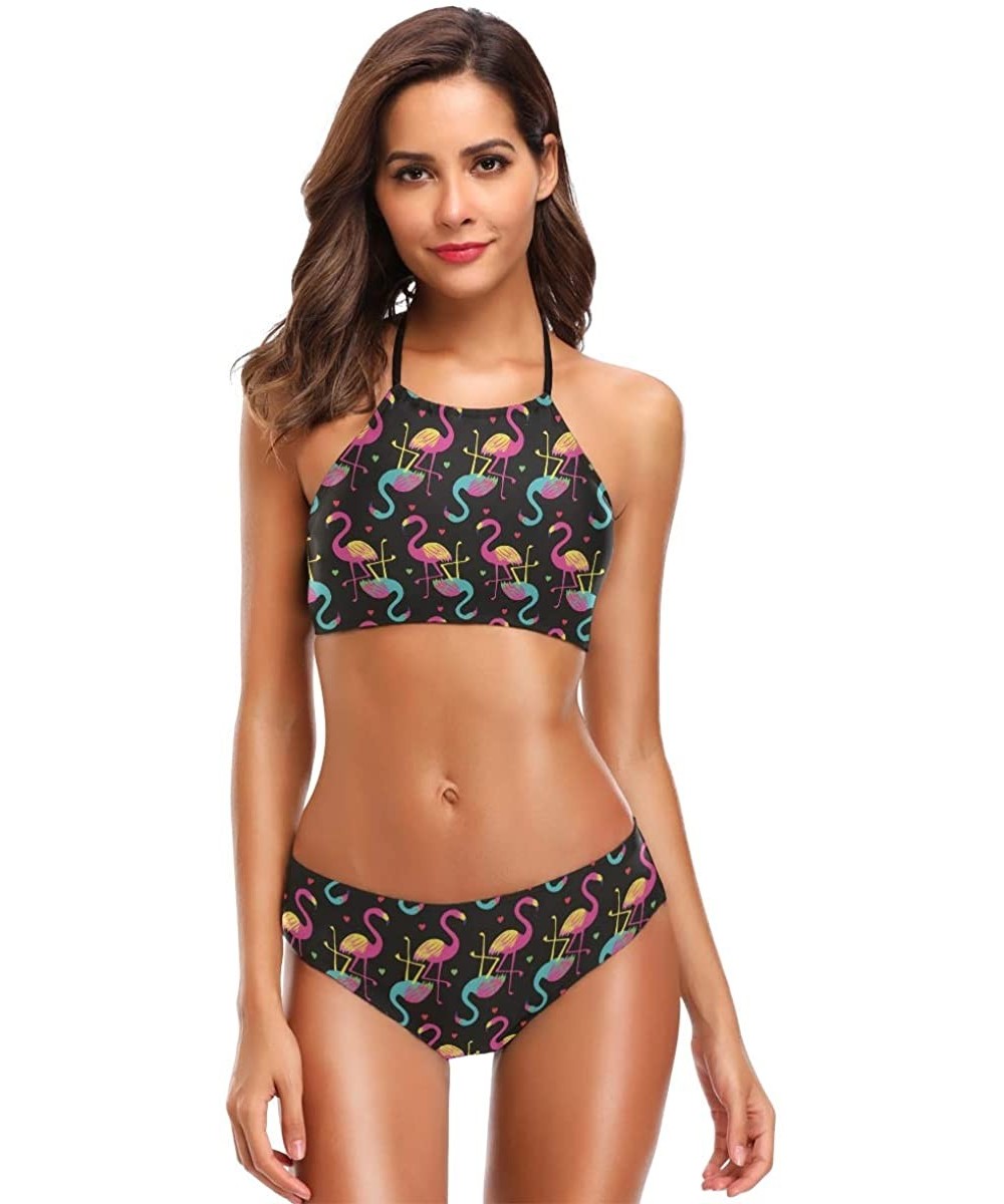 Sets Skull and Flowers Seamless Background Womens Two Piece Halter Bikini Set High Neck Cross Back Swimsuit Bathing Suit - Ha...