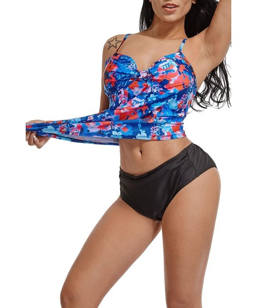 One-Pieces Womens Sexy Tankini Swimsuits with Shorts Floral Print Tummy Control Suits - Hawai Blue - CR18EQQAE94