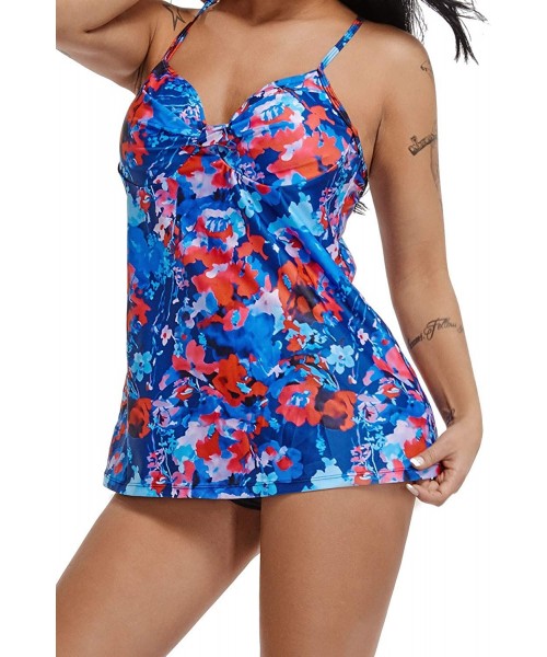 One-Pieces Womens Sexy Tankini Swimsuits with Shorts Floral Print Tummy Control Suits - Hawai Blue - CR18EQQAE94