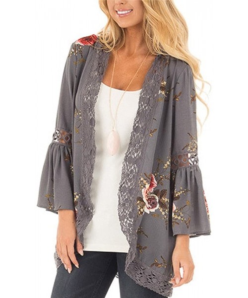 Cover-Ups Womens Kimono Cardigans Floral Print Chiffon Beach Cover ups Loose Casual Tops - Grey - CT18C0SE98G