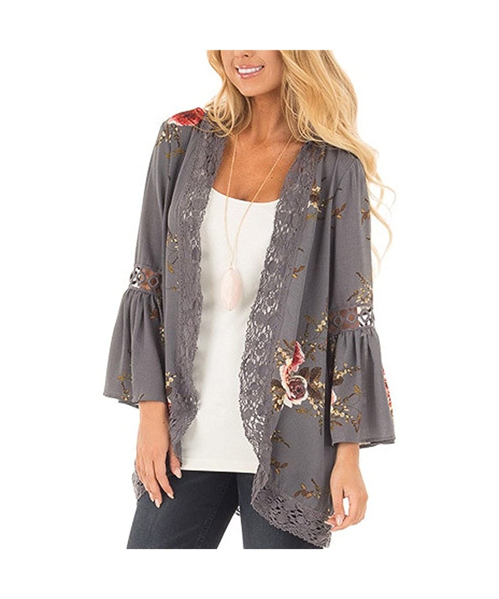 Cover-Ups Womens Kimono Cardigans Floral Print Chiffon Beach Cover ups Loose Casual Tops - Grey - CT18C0SE98G