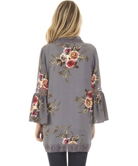 Cover-Ups Womens Kimono Cardigans Floral Print Chiffon Beach Cover ups Loose Casual Tops - Grey - CT18C0SE98G