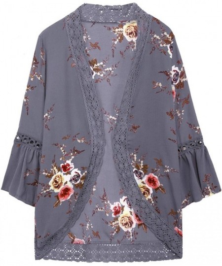 Cover-Ups Womens Kimono Cardigans Floral Print Chiffon Beach Cover ups Loose Casual Tops - Grey - CT18C0SE98G