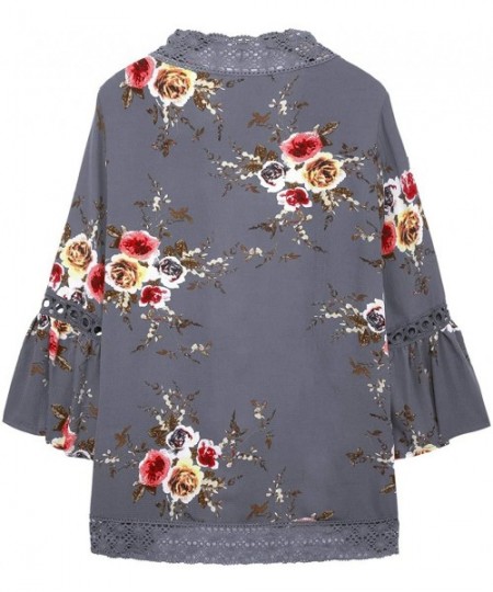 Cover-Ups Womens Kimono Cardigans Floral Print Chiffon Beach Cover ups Loose Casual Tops - Grey - CT18C0SE98G