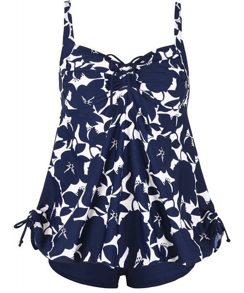 Sets Women's Plus Size Swimwear Floral Tankini Set Drawtring Modest Two Piece Swimsuit - Navy Floral - C117YXT53XO