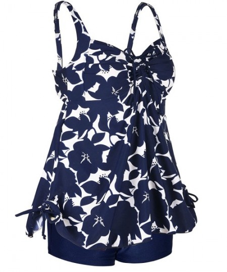 Sets Women's Plus Size Swimwear Floral Tankini Set Drawtring Modest Two Piece Swimsuit - Navy Floral - C117YXT53XO