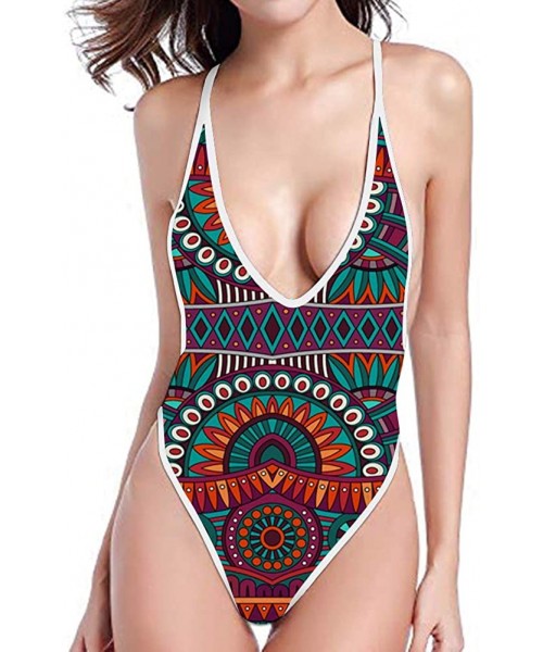 One-Pieces Women's One-Piece High Waisted Thong Swimsuit African Deep V Neck Monokini Bathing Suit - Pattern2 - CO18OX0RGL7