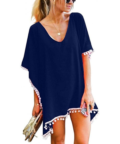 Cover-Ups Women Tassel Cover Up Bathing Swimsuit Bikini Kaftan Beach Swimwear Rashguard - Navy 1 - C018OURNRWZ