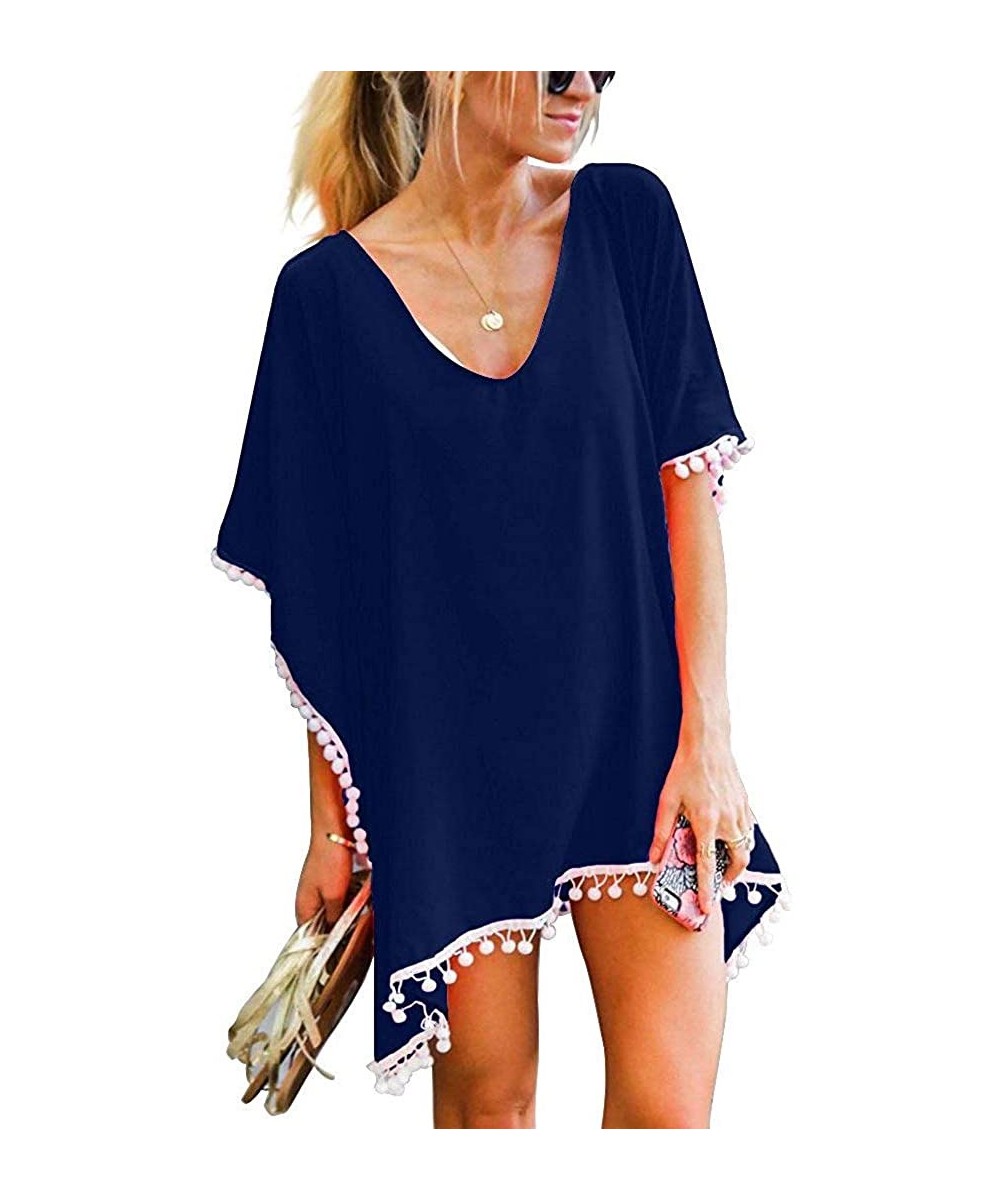 Cover-Ups Women Tassel Cover Up Bathing Swimsuit Bikini Kaftan Beach Swimwear Rashguard - Navy 1 - C018OURNRWZ