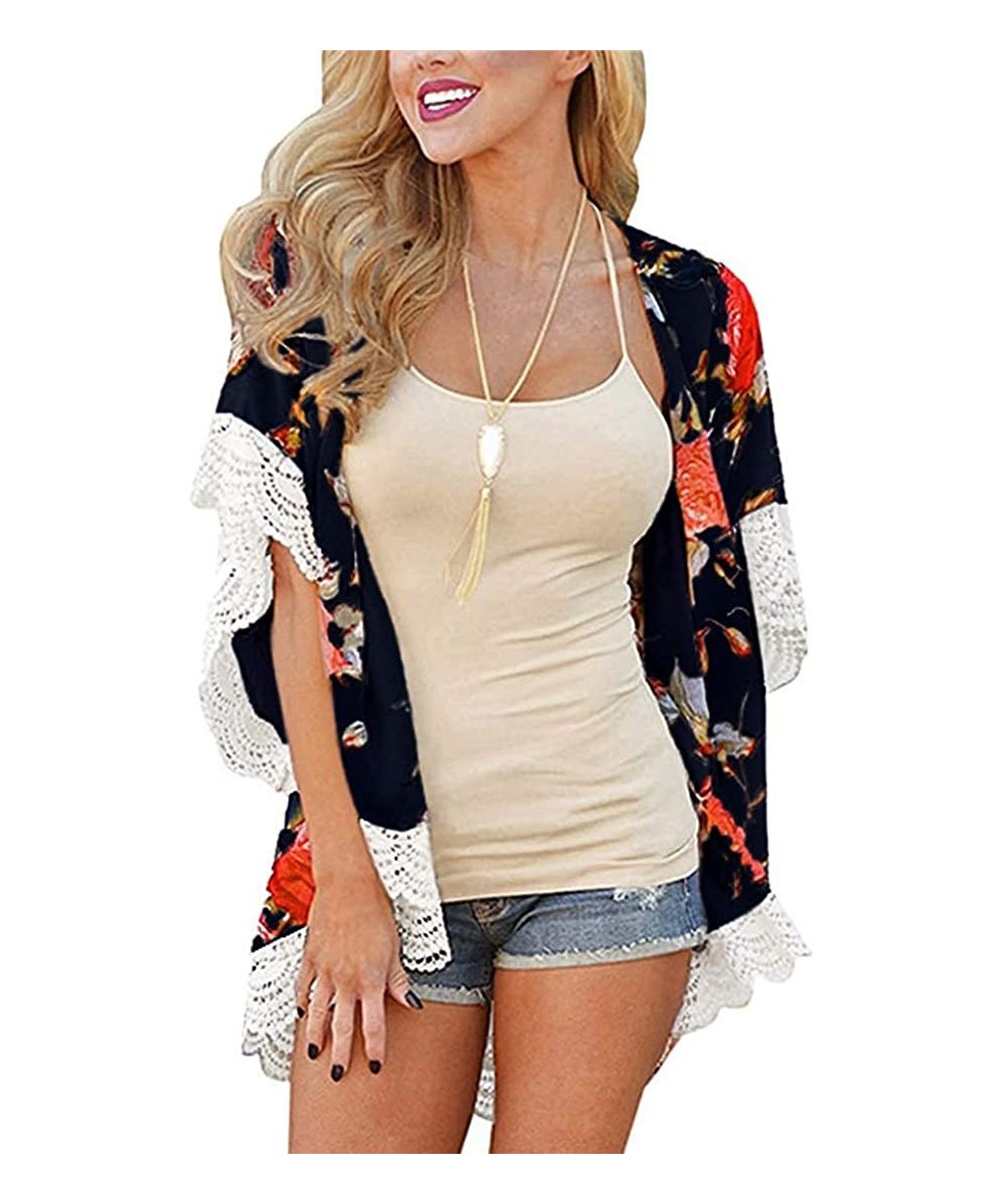 Cover-Ups Womens Kimono Cardigans Floral Print Chiffon Beach Cover ups Loose Casual Tops - Black Red Floral - CM19992DG0Z