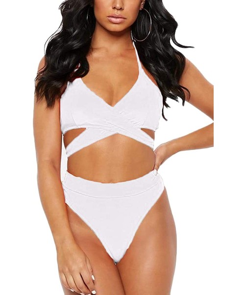 Sets Women's Sexy Halter Criss Cross Cutout High Waist 2PCS Bikini Set Swimsuit - White - CS18QGUOOX7