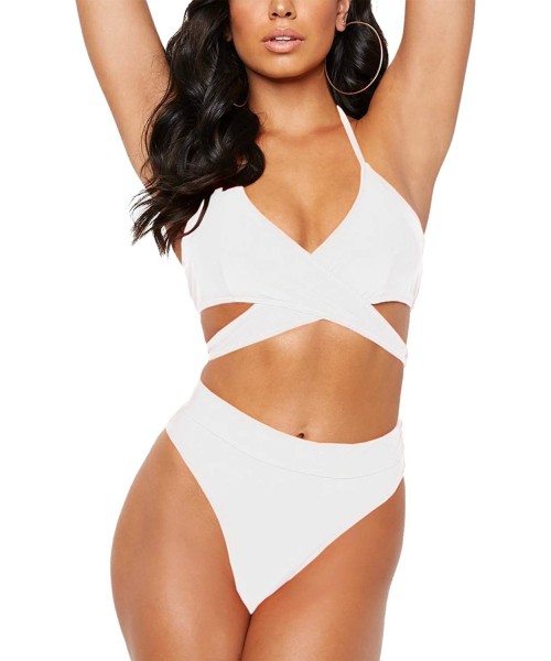 Sets Women's Sexy Halter Criss Cross Cutout High Waist 2PCS Bikini Set Swimsuit - White - CS18QGUOOX7