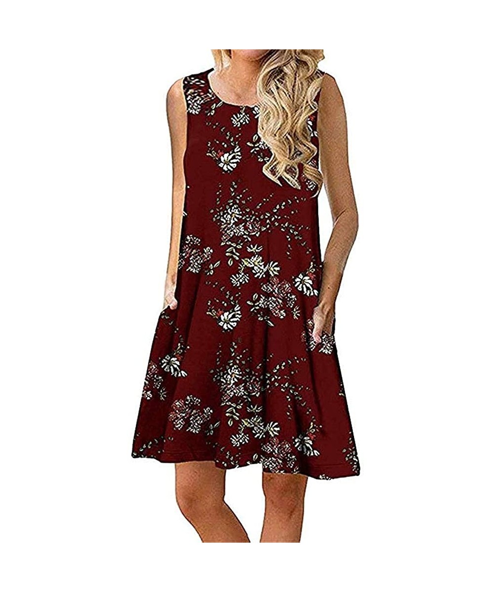 Cover-Ups Summer Dresses for Women Beach Floral Tshirt Sundress Sleeveless Pockets Casual Loose Tank Dress - Winered - CK18QX...