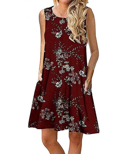 Cover-Ups Summer Dresses for Women Beach Floral Tshirt Sundress Sleeveless Pockets Casual Loose Tank Dress - Winered - CK18QX...