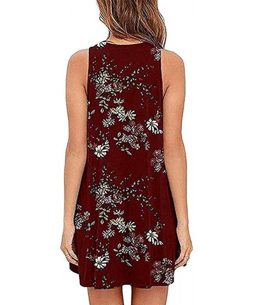 Cover-Ups Summer Dresses for Women Beach Floral Tshirt Sundress Sleeveless Pockets Casual Loose Tank Dress - Winered - CK18QX...