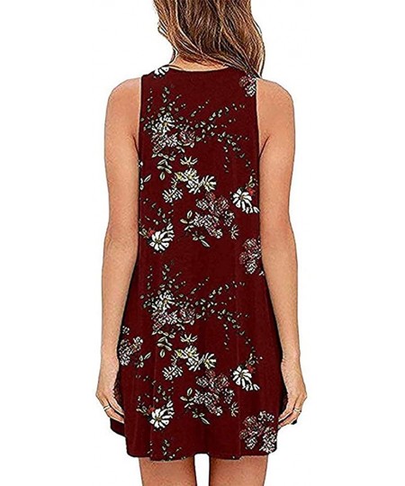 Cover-Ups Summer Dresses for Women Beach Floral Tshirt Sundress Sleeveless Pockets Casual Loose Tank Dress - Winered - CK18QX...