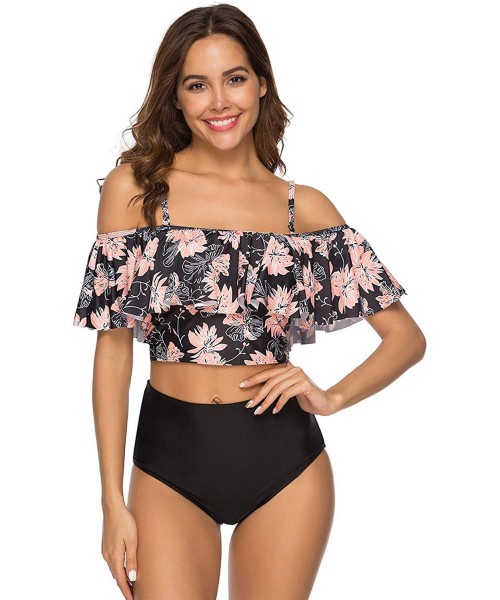 Sets Women's Swimsuits Two Piece Off Shoulder Flounces Tankini Top High Waisted Bottom Bikini Set Bathing Suits Floral - CT18...