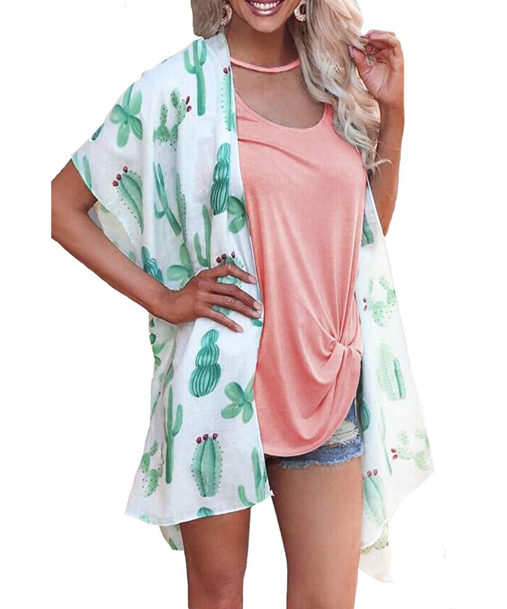 Cover-Ups Womens Floral Kimono Loose Half Sleeve Chiffon Casual Cardigan Cover Up - 2-cactus - C3190ED4Y5N