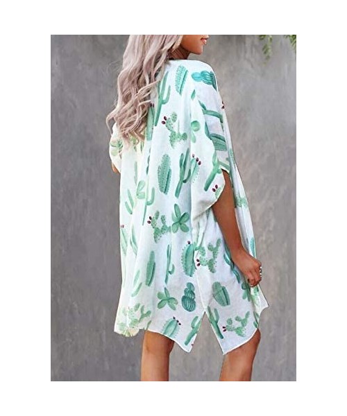 Cover-Ups Womens Floral Kimono Loose Half Sleeve Chiffon Casual Cardigan Cover Up - 2-cactus - C3190ED4Y5N