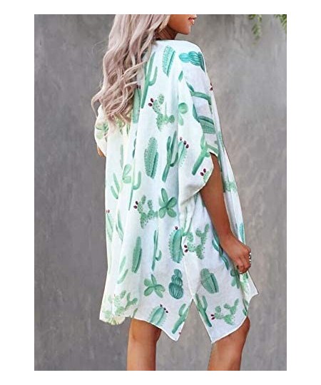 Cover-Ups Womens Floral Kimono Loose Half Sleeve Chiffon Casual Cardigan Cover Up - 2-cactus - C3190ED4Y5N