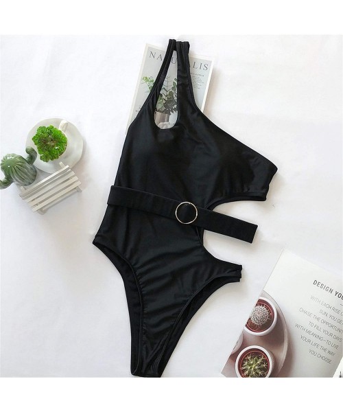 One-Pieces Swimwear- Women Ribbed One-Piece Swimsuit High Cut Buckle Belted Bathing Suit Push-Up Padded Bra - Black Swimwear ...