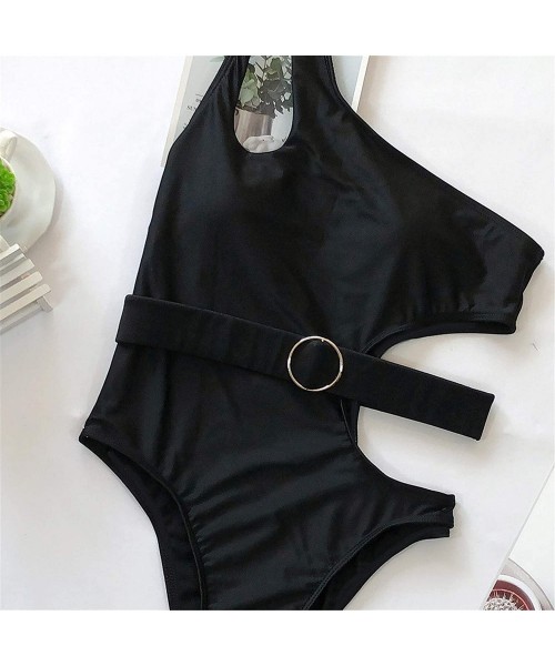 One-Pieces Swimwear- Women Ribbed One-Piece Swimsuit High Cut Buckle Belted Bathing Suit Push-Up Padded Bra - Black Swimwear ...