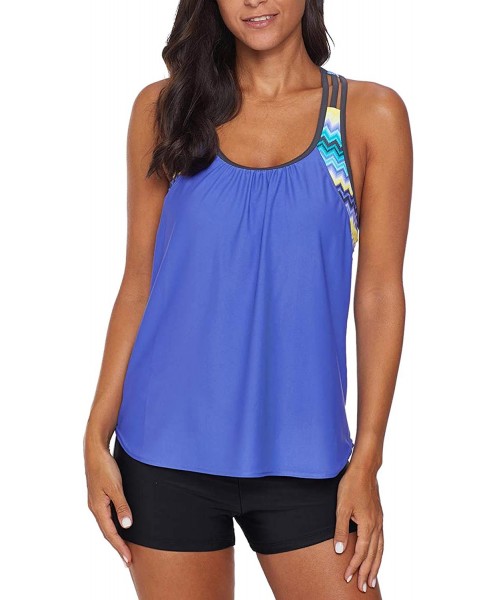 Tankinis Women's Swimsuits Color Block Tankini Top Boyshort Swimwear - T Back-blue - CW18T7H94K4