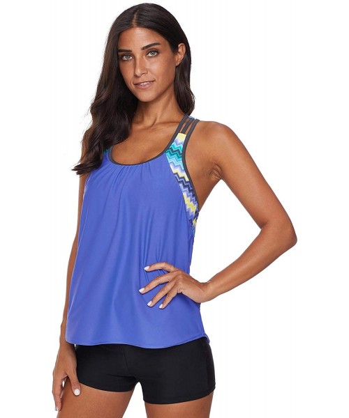 Tankinis Women's Swimsuits Color Block Tankini Top Boyshort Swimwear - T Back-blue - CW18T7H94K4