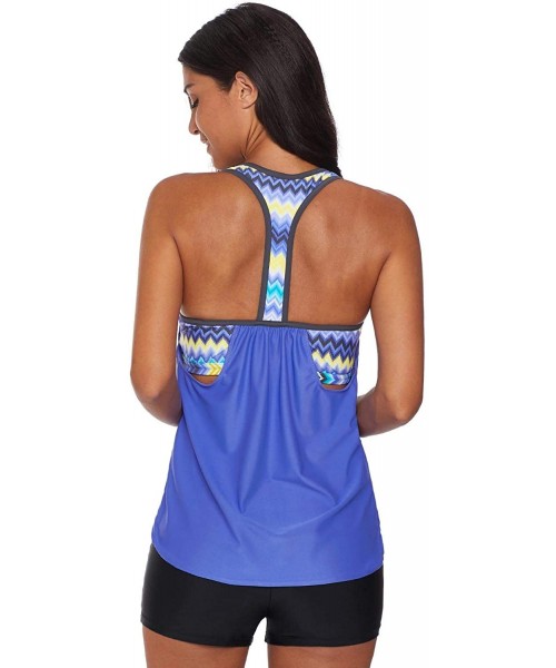 Tankinis Women's Swimsuits Color Block Tankini Top Boyshort Swimwear - T Back-blue - CW18T7H94K4