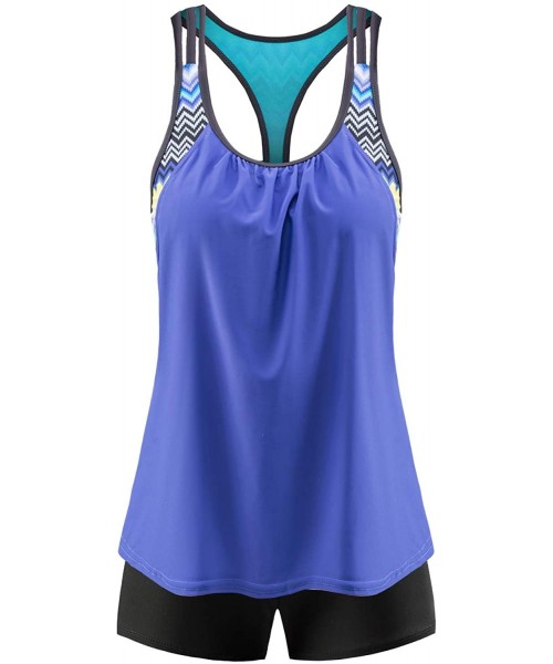 Tankinis Women's Swimsuits Color Block Tankini Top Boyshort Swimwear - T Back-blue - CW18T7H94K4