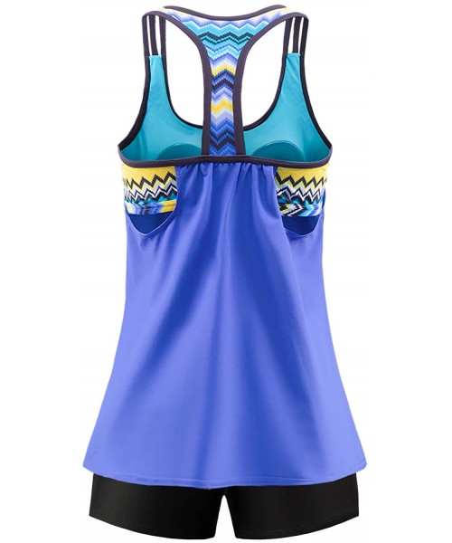 Tankinis Women's Swimsuits Color Block Tankini Top Boyshort Swimwear - T Back-blue - CW18T7H94K4