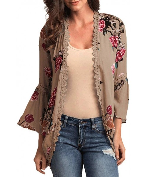 Racing Chiffon Shawl Print Lace Kimono Cardigan Cover Up Flare Sleeve Beachwear Women - Khaki - C618OM8HEWS