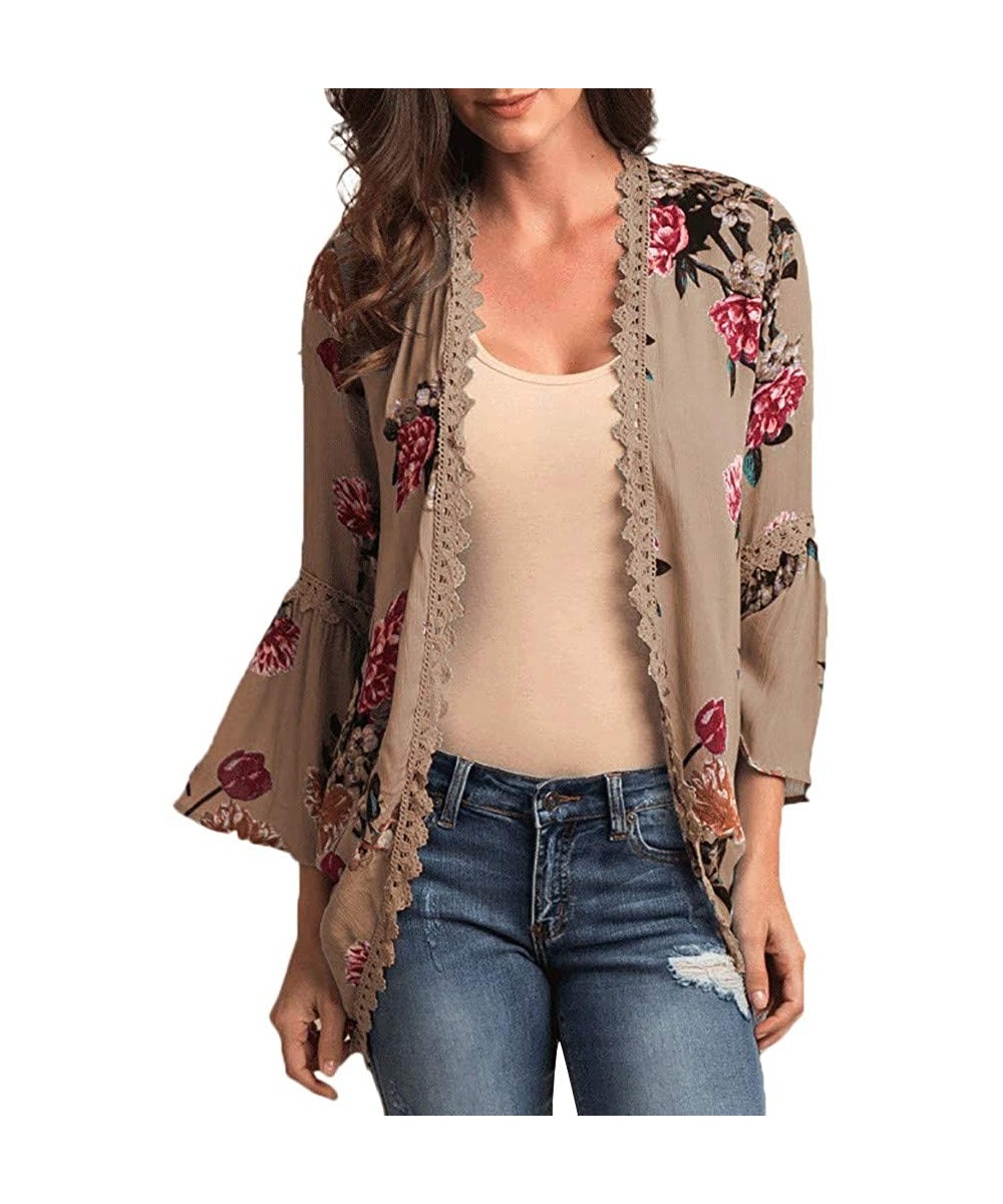 Racing Chiffon Shawl Print Lace Kimono Cardigan Cover Up Flare Sleeve Beachwear Women - Khaki - C618OM8HEWS