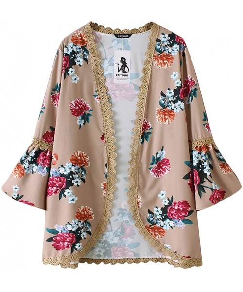 Racing Chiffon Shawl Print Lace Kimono Cardigan Cover Up Flare Sleeve Beachwear Women - Khaki - C618OM8HEWS