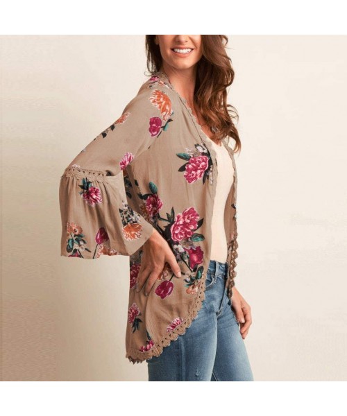 Racing Chiffon Shawl Print Lace Kimono Cardigan Cover Up Flare Sleeve Beachwear Women - Khaki - C618OM8HEWS