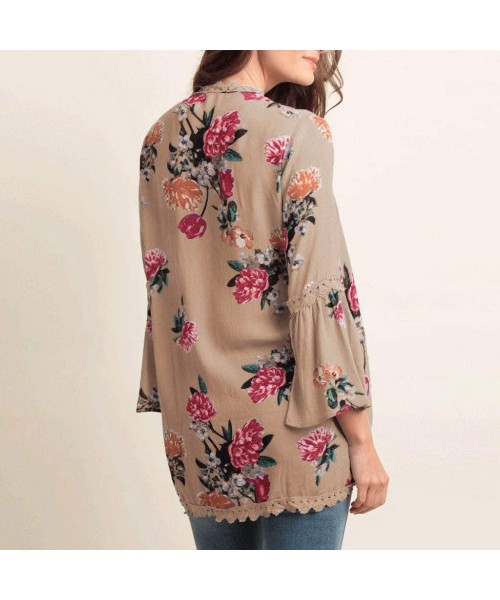 Racing Chiffon Shawl Print Lace Kimono Cardigan Cover Up Flare Sleeve Beachwear Women - Khaki - C618OM8HEWS